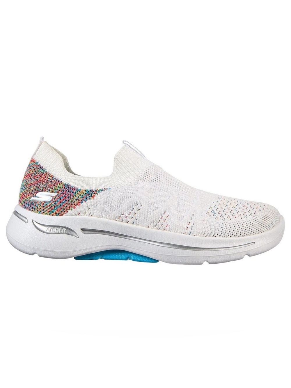 Skechers GoWalk White Slip-On Knit Walking Shoe with Multicolor Heel